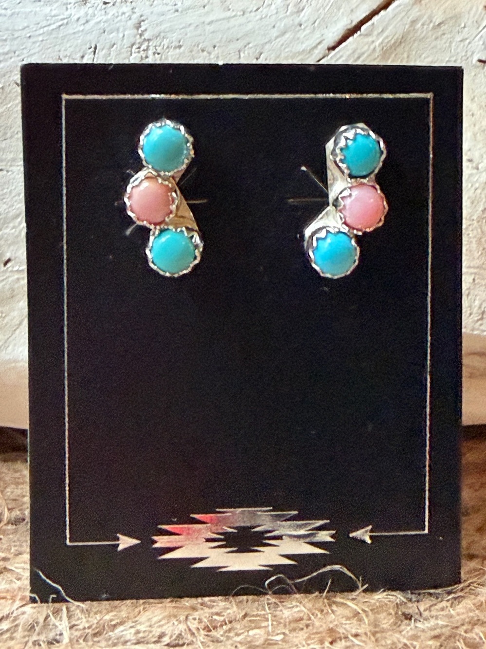 Janice Spencer Zuni Sterling Silver Pink and Turquoise Triple Stone Earrings